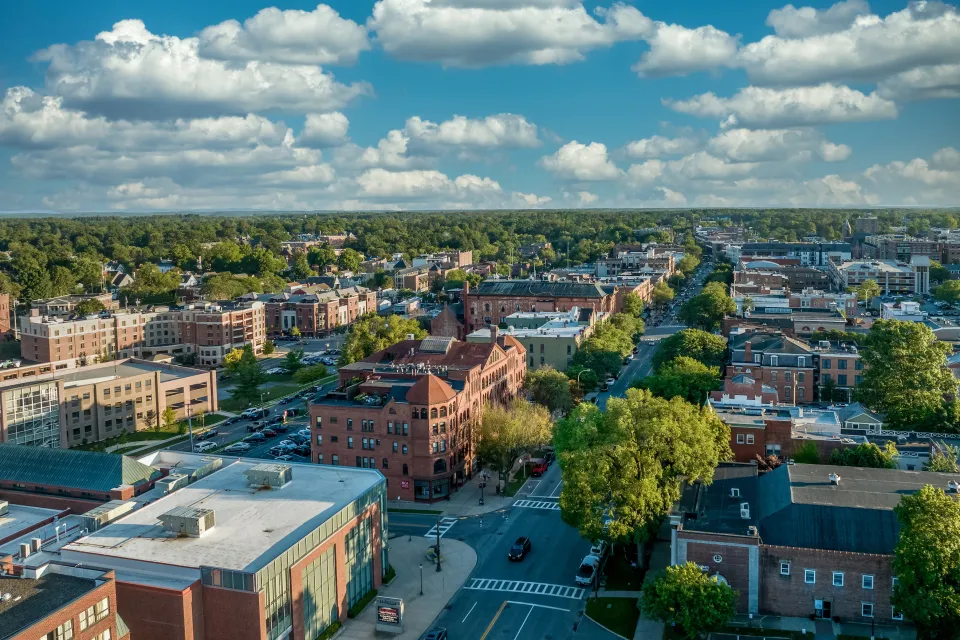 Aerial view of Broadway in Saratoga Springs, New York